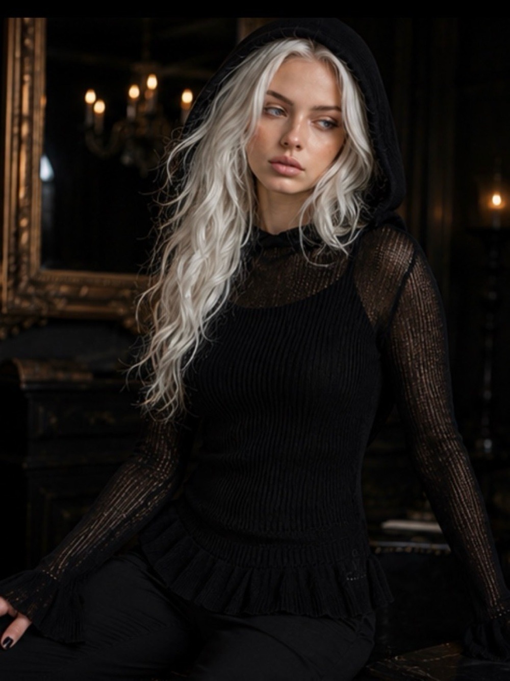 NWT Killstar Broken Halo Hooded Pointelle Knit Sweater Black Size Large - Picture 2 of 13